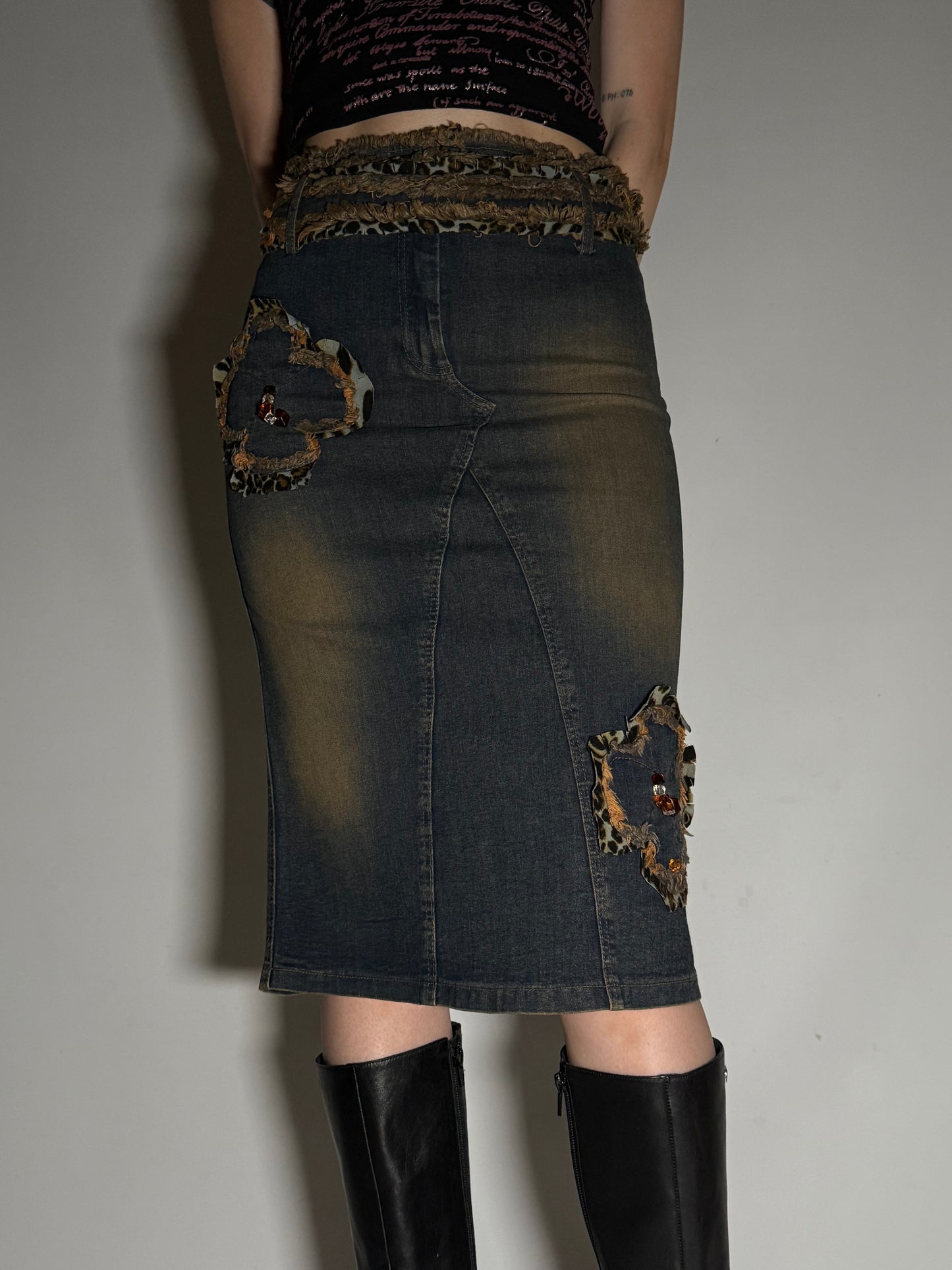 Y2K Leopard Patch Stretch Denim Pencil Skirt Twinkling