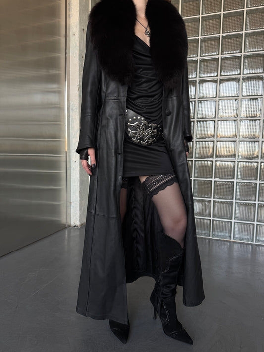 Vintage leather long coat with removable fur collar Twinkling Global