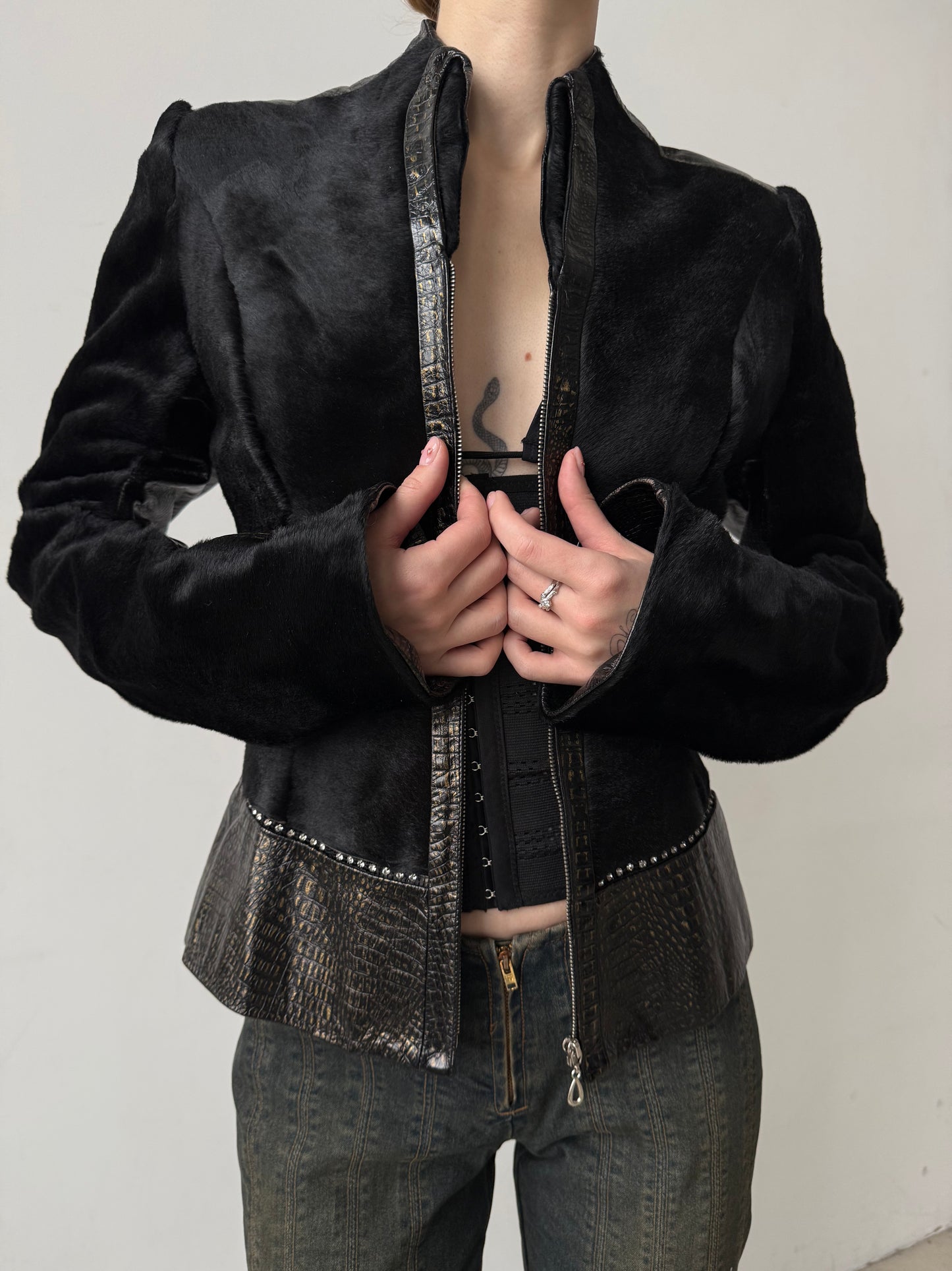 Vintage fitted leather jacket with pony fur TWINKLING GLOBAL