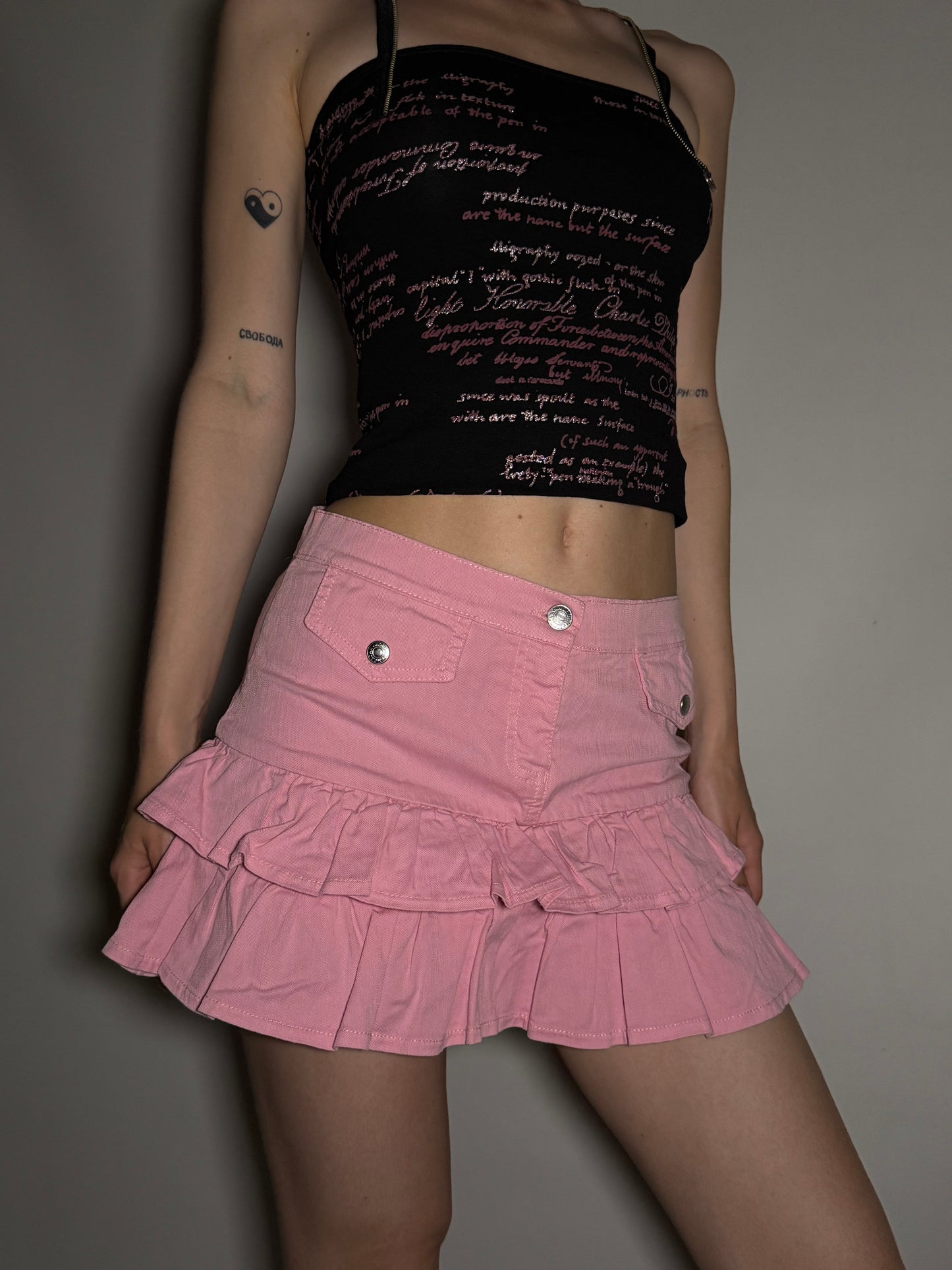 Y2K Pink Ruffle Denim Mini Skirt Twinkling
