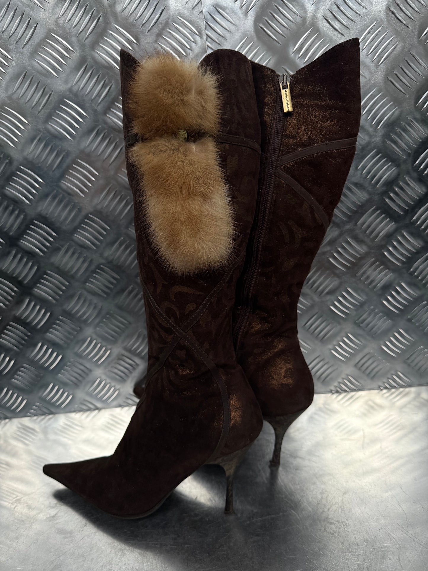 Italian Brown Suede Heeled Boots with Real Fur TWINKLING GLOBAL