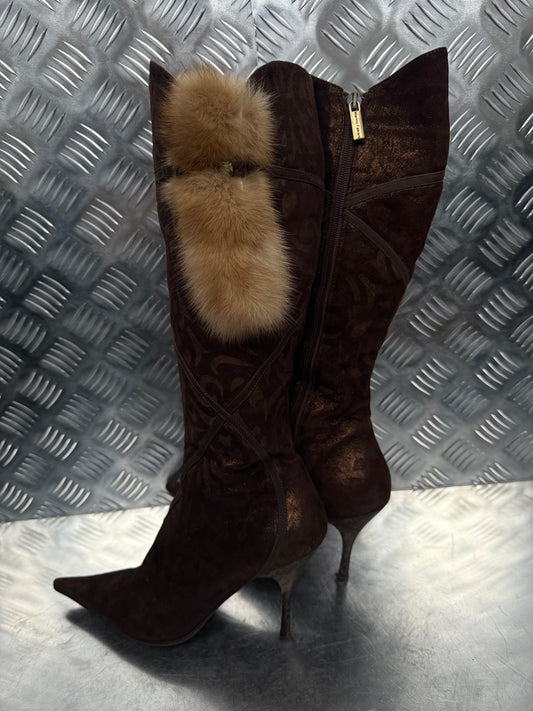 Italian Brown Suede Heeled Boots with Real Fur TWINKLING GLOBAL