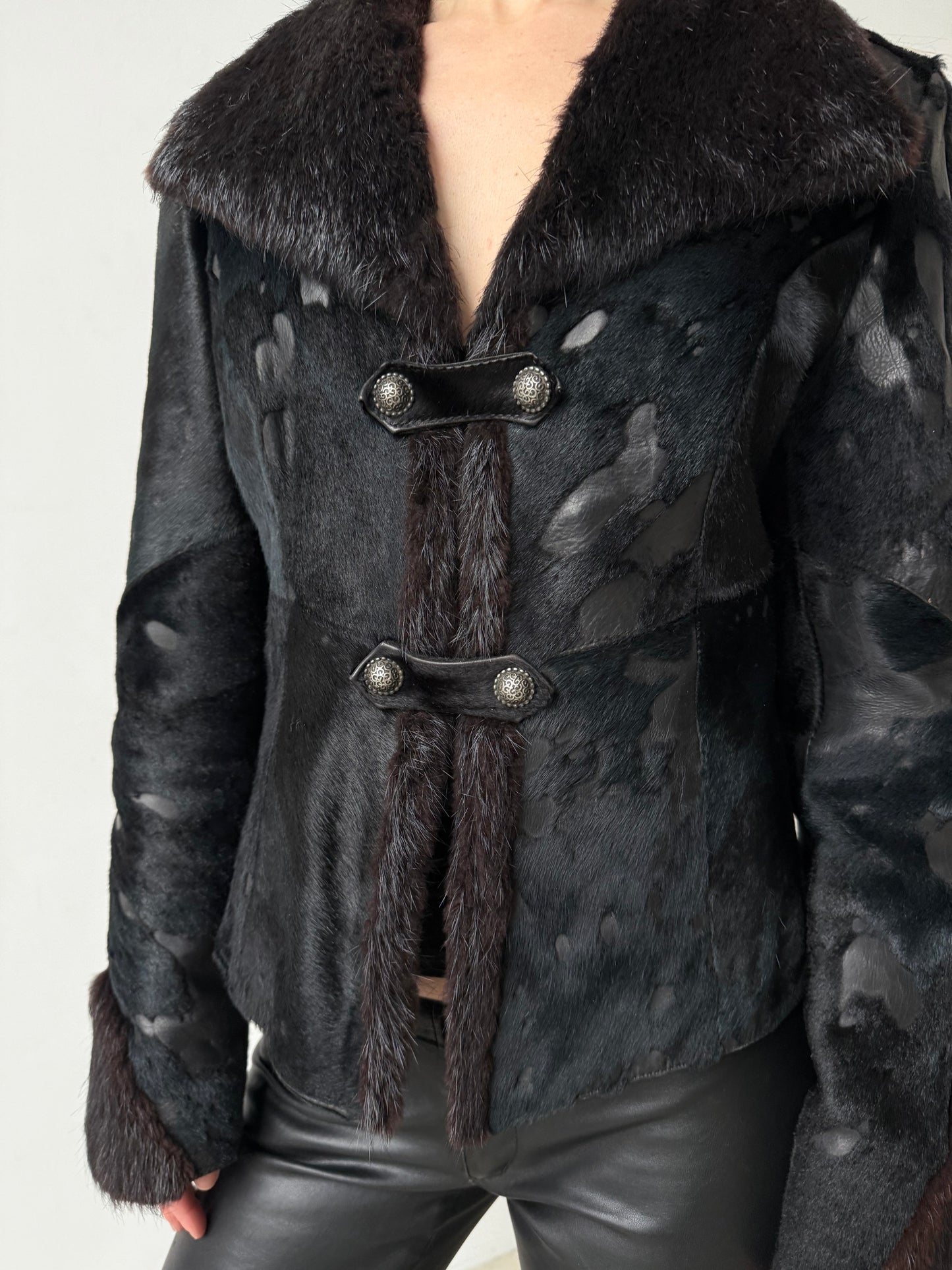 Vintage pony fur & leather fitted jacket – black-blue mix TWINKLING GLOBAL