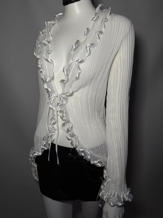 Y2K White Ribbed Ruffle Tie-Up Blouse TWINKLING
