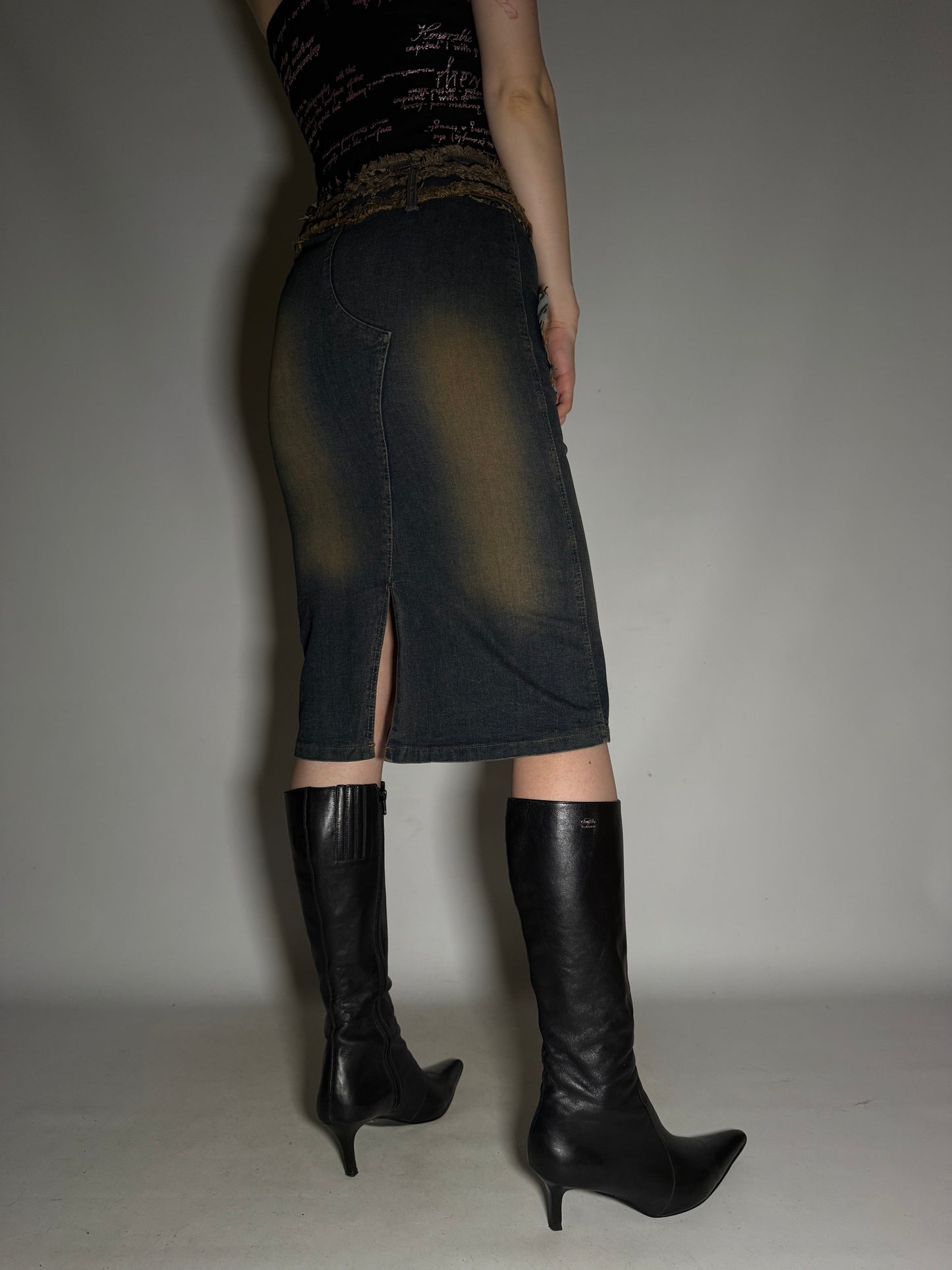 Y2K Leopard Patch Stretch Denim Pencil Skirt Twinkling