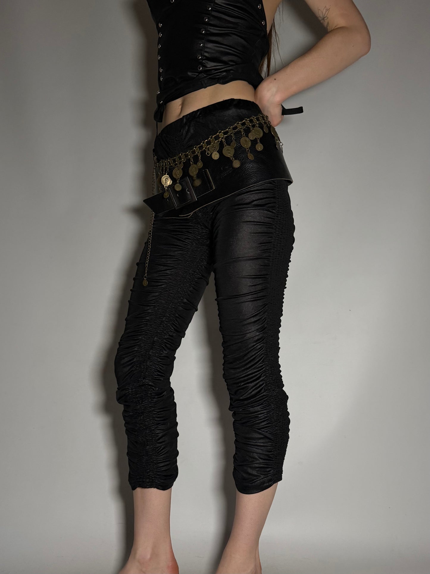 Y2K Black Ruched Capri Pants with Shiny Stretch Fabric Twinkling