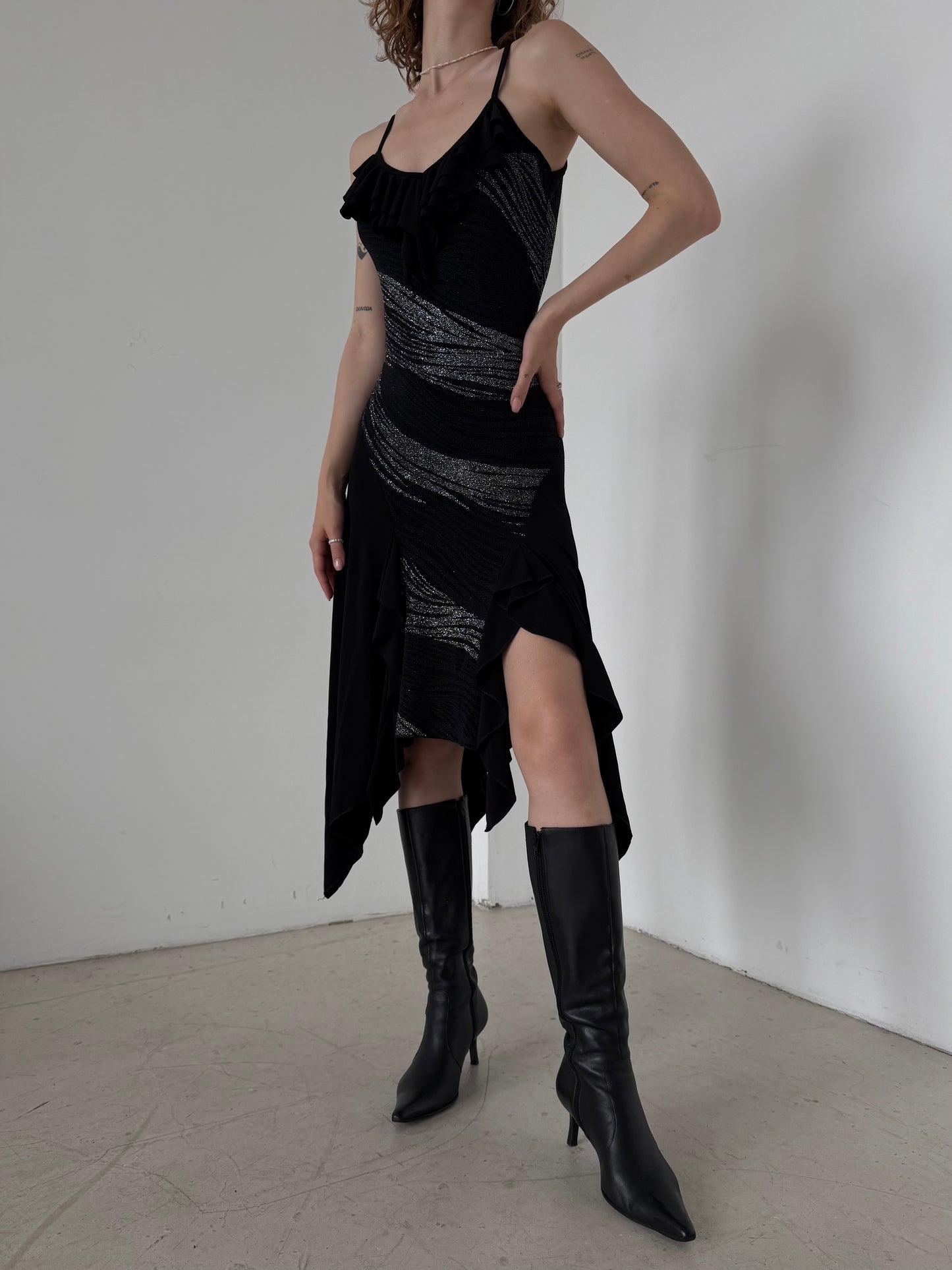 Vintage Black Asymmetrical Midi Dress with Metallic Stripes – Twinkling Global