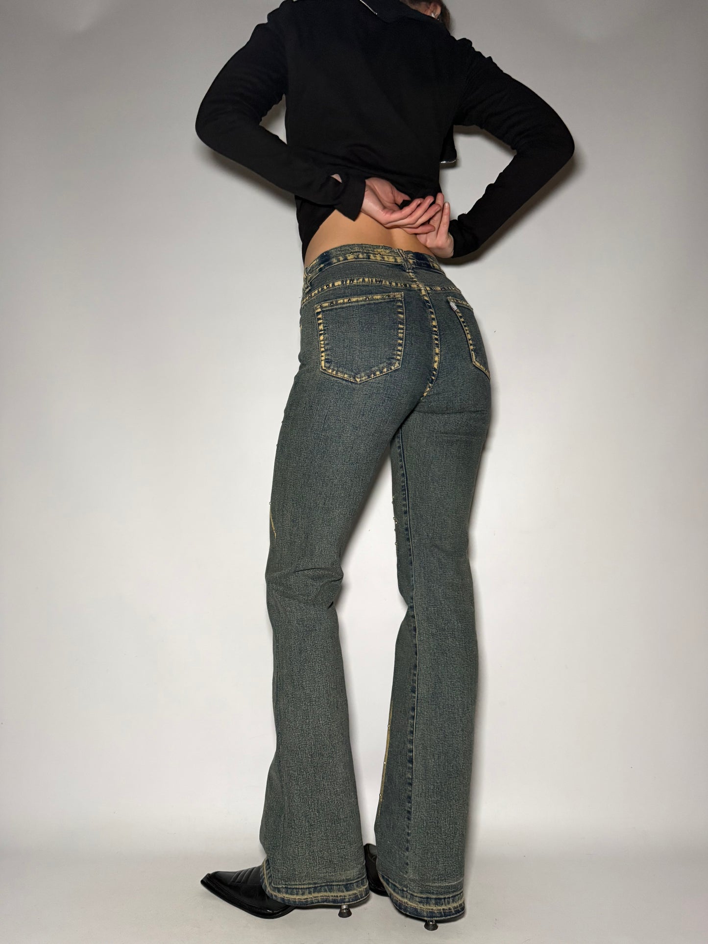 Yellow Washed Stretch Flare Jeans Twinkling Global