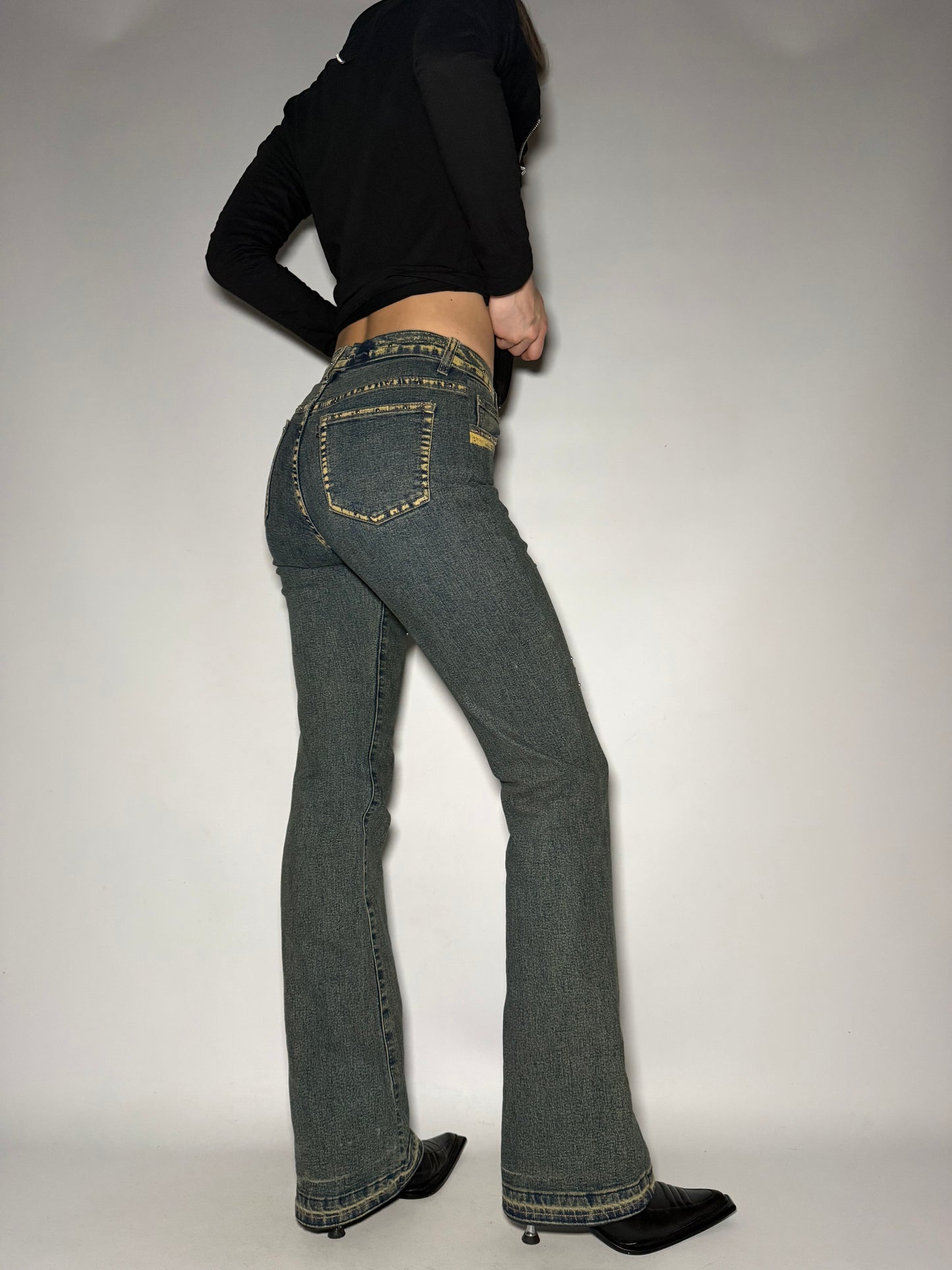 Yellow Washed Stretch Flare Jeans Twinkling Global