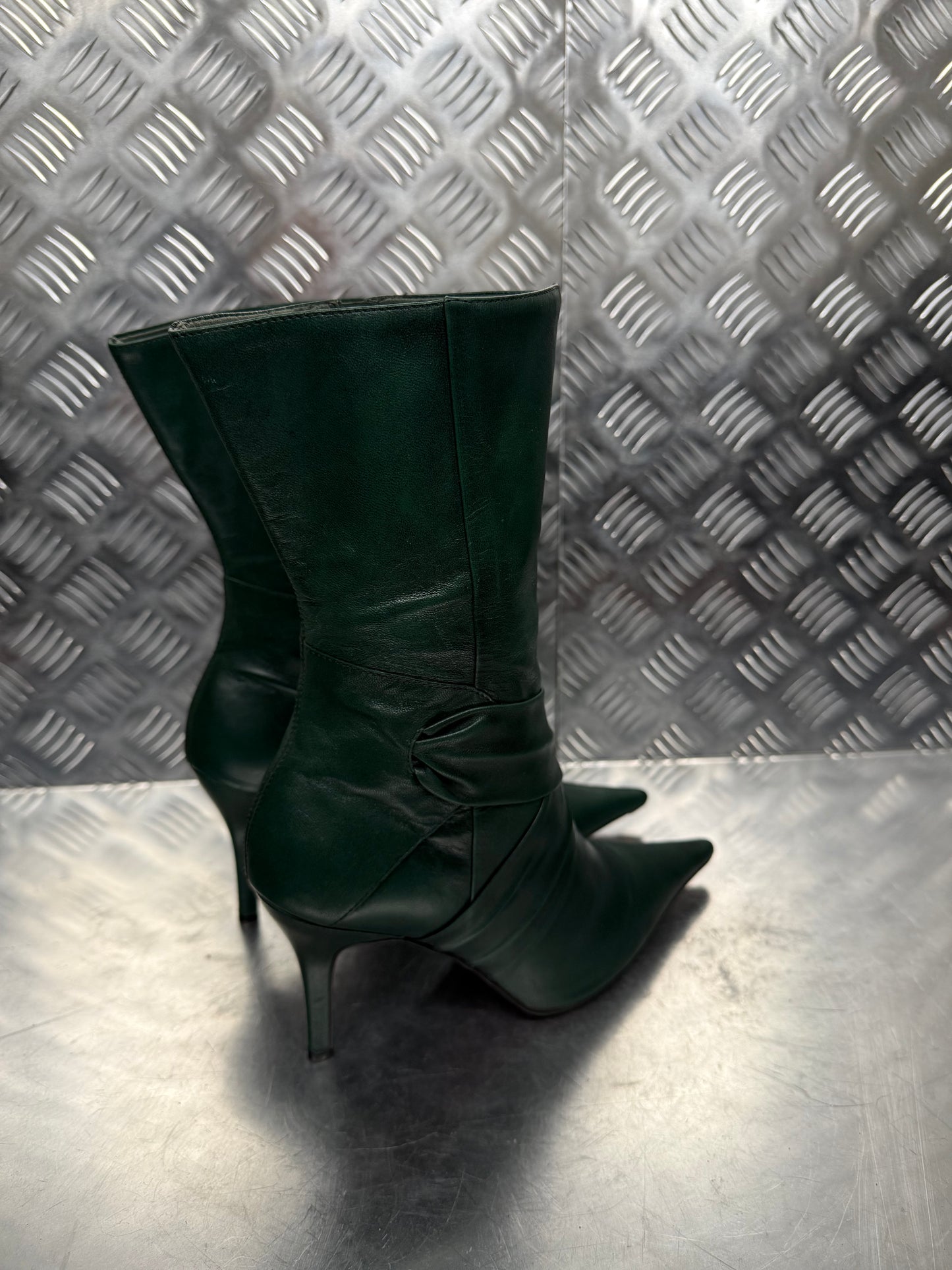Vintage Dark Green Leather Heeled Boots FAITH TWINKLING GLOBAL
