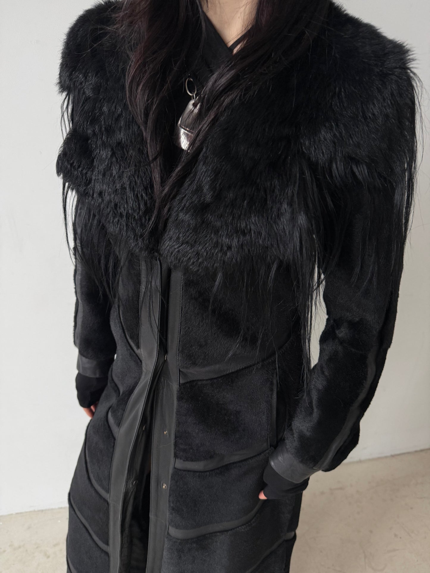 Vintage Black Leather Long Coat with Real Fur TWINKLING GLOBAL