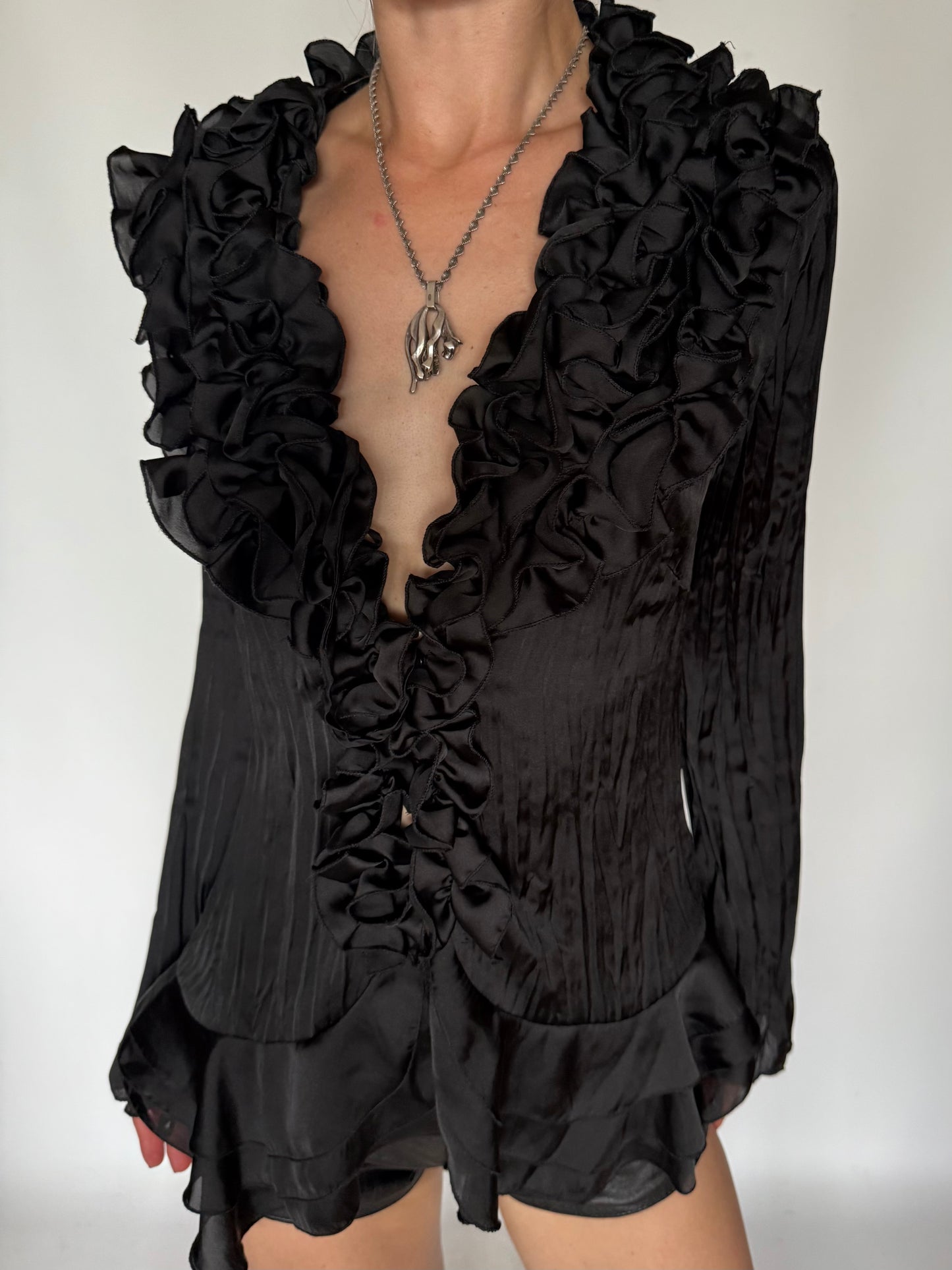 Vintage Satin Ruffle Peplum Blouse Black Twinkling Global