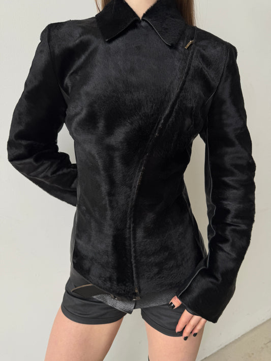 Vintage genuine leather jacket with pony hair and asymmetrical zip TWINKLING GLOBAL