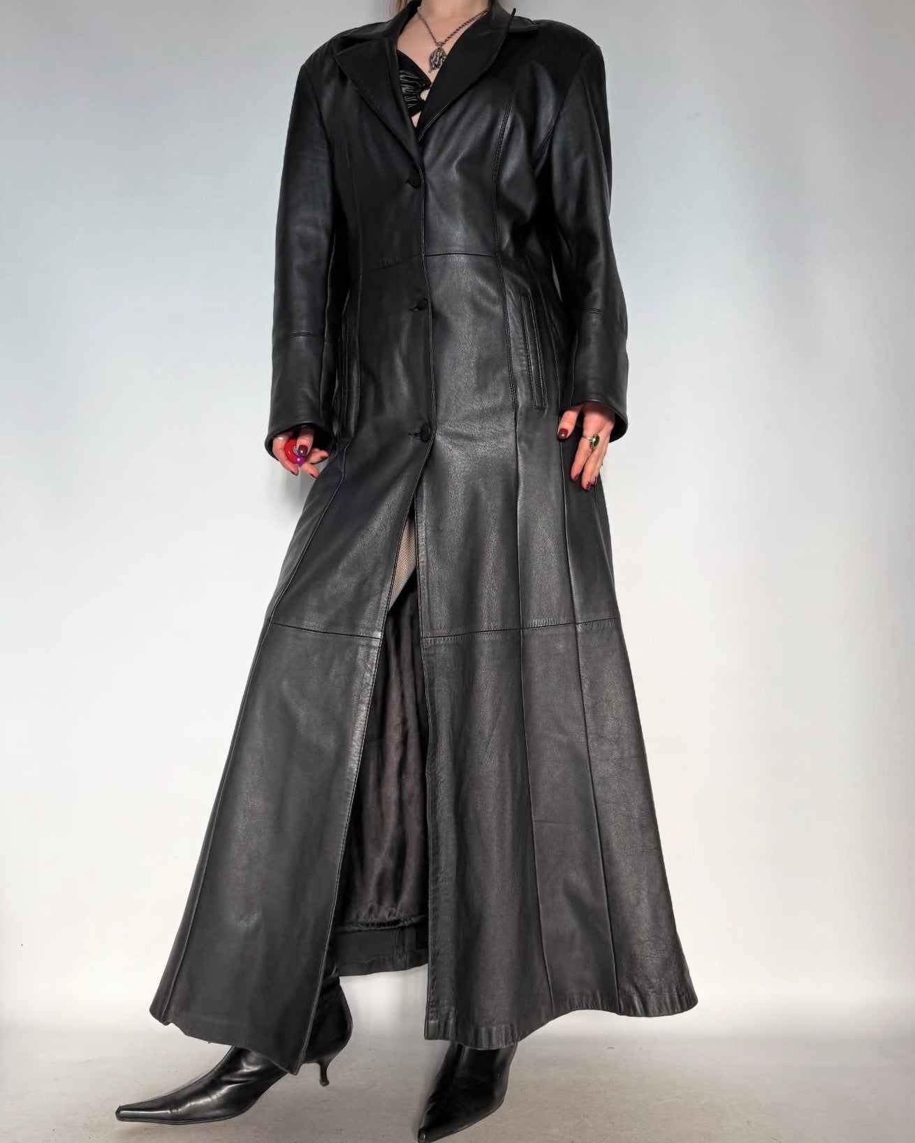 Vintage leather long coat with removable fur collar Twinkling Global