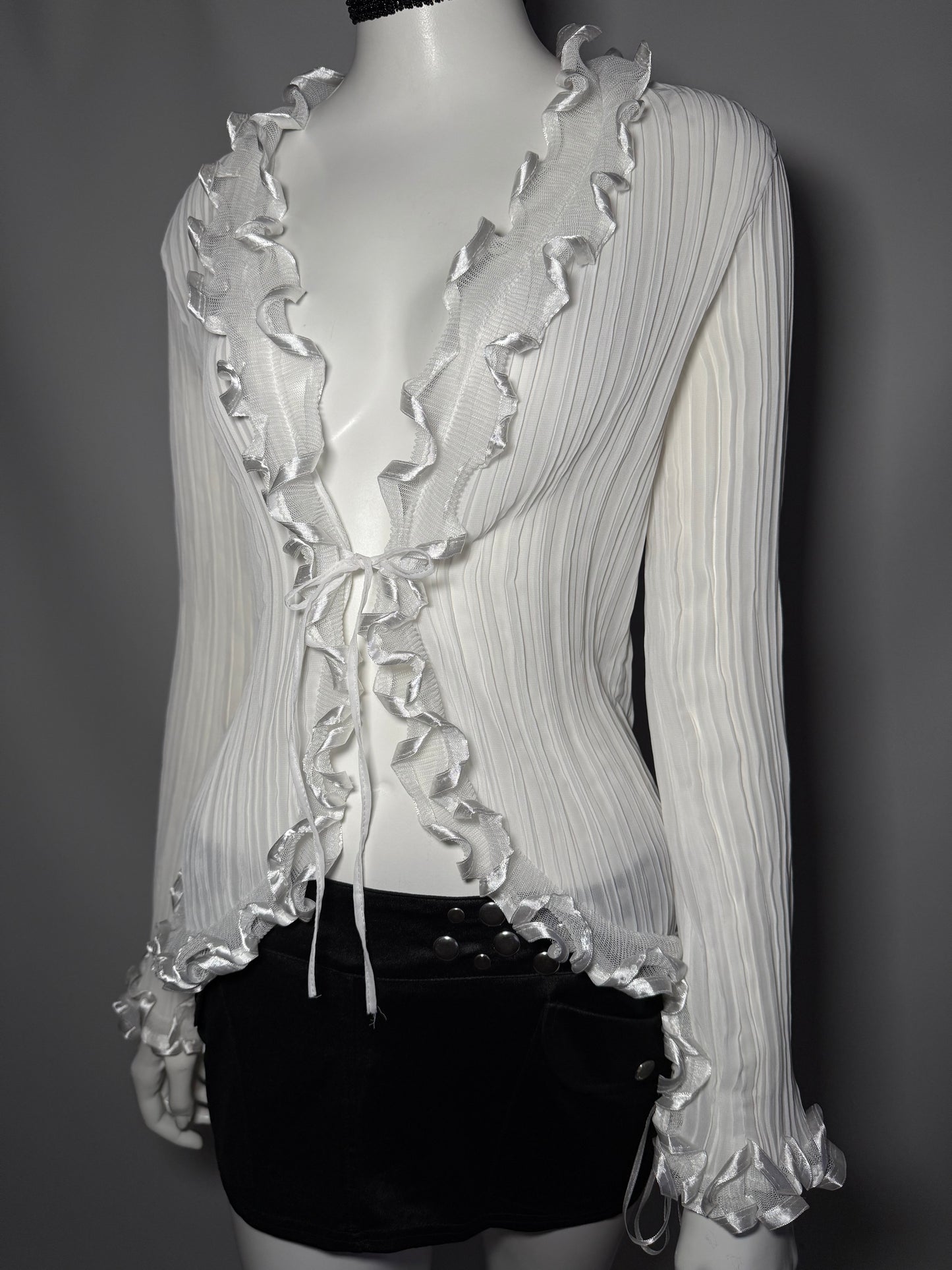 Y2K White Ribbed Ruffle Tie-Up Blouse TWINKLING