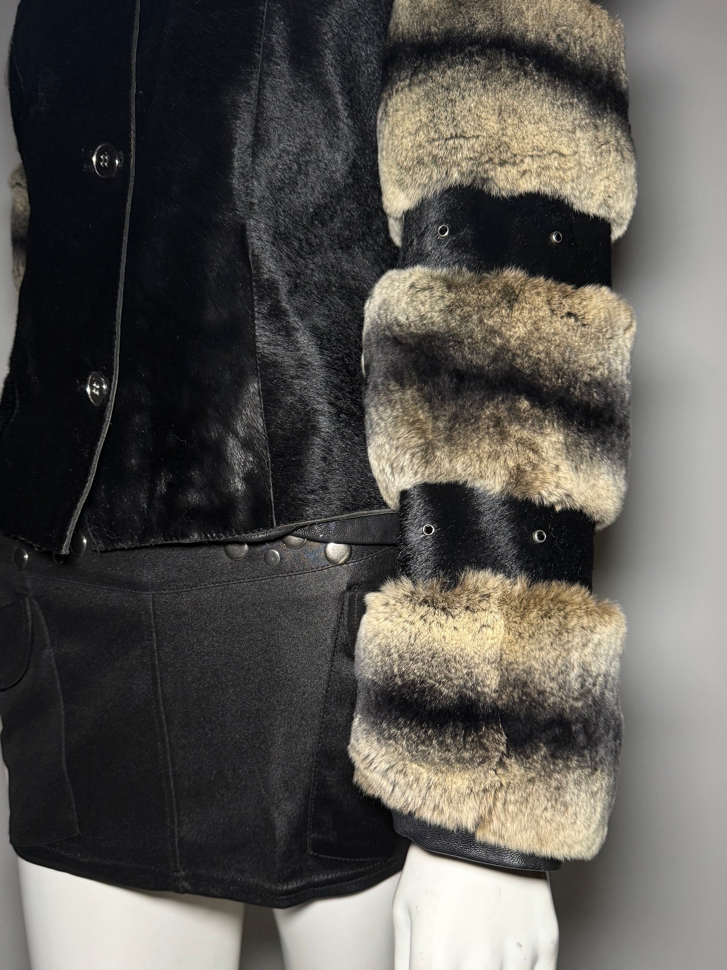 Vintage leather jacket with real chinchilla and pony fur panels