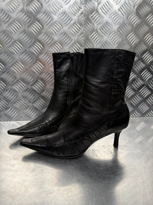 Vintage Black Leather Mid-Calf Boots BRONX TWINKLING GLOBAL