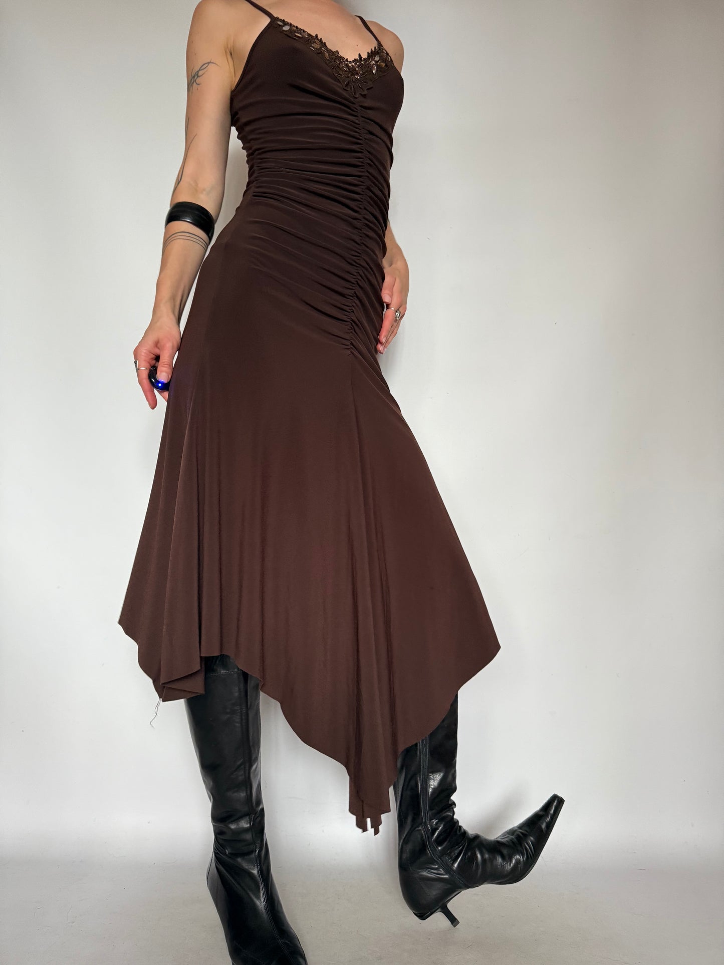 Vintage Brown Ruched Asymmetrical Dress – Twinkling Global