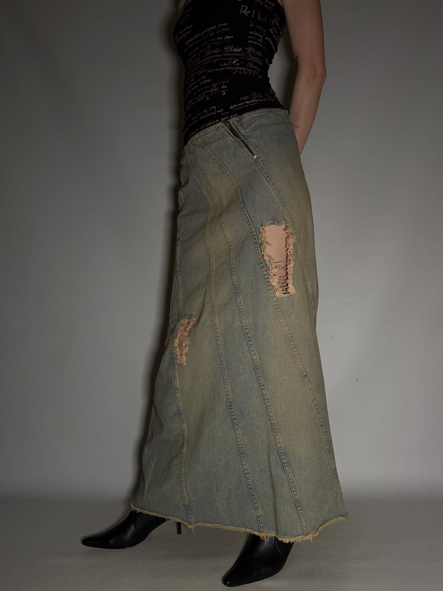 Vintage Rust-Washed Denim Maxi Skirt Twinkling