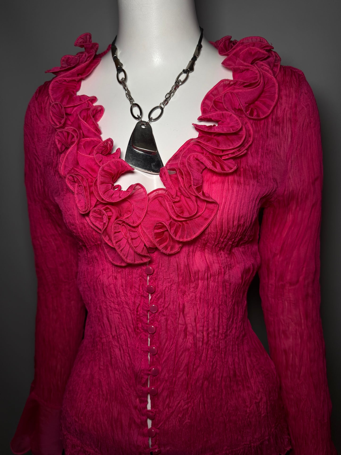Vintage Crinkled Fuchsia Blouse with Ruffles Twinkling Global