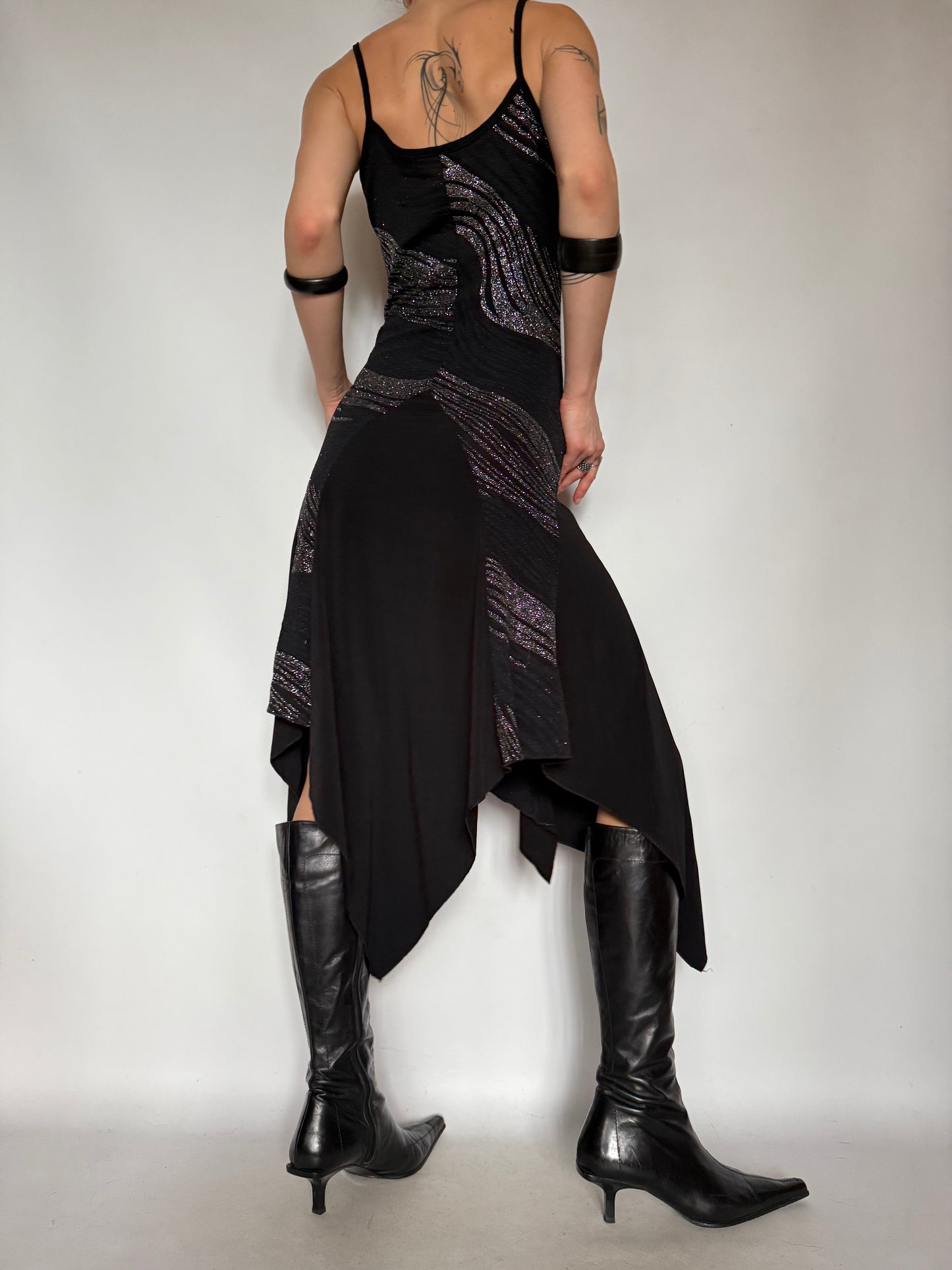 Vintage Black Asymmetrical Midi Dress with Metallic Stripes – Twinkling Global