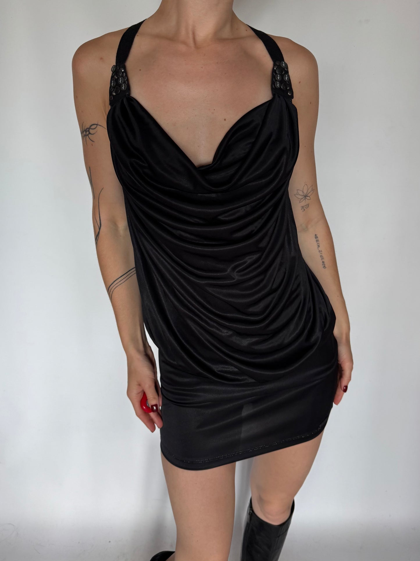 Y2K Black Stretchy Mini Dress with Cowl Neck Twinkling