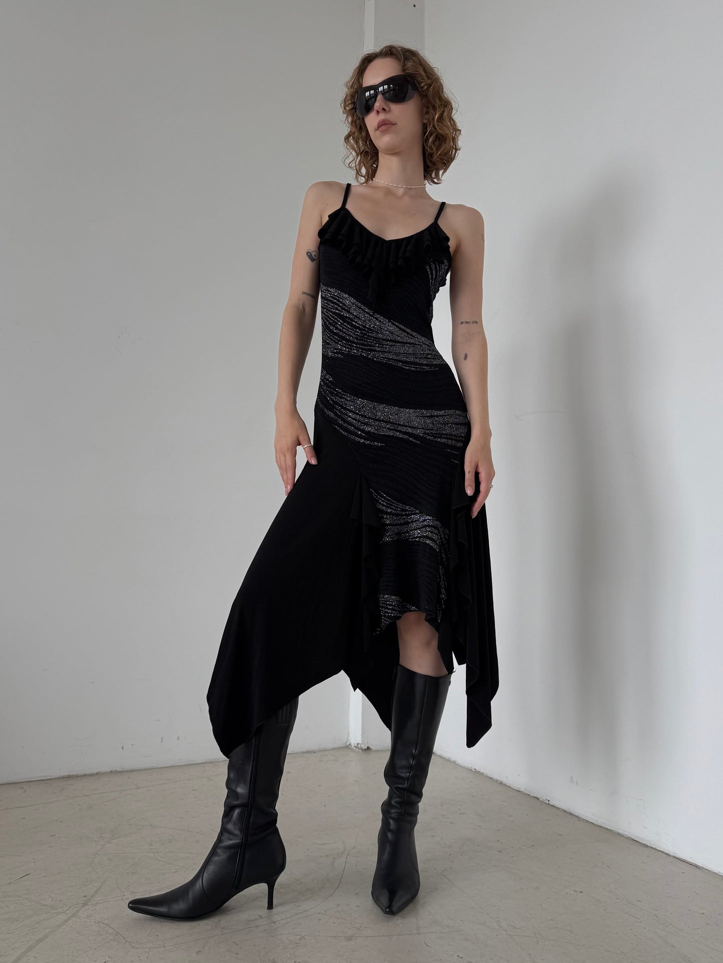 Vintage Black Asymmetrical Midi Dress with Metallic Stripes – Twinkling Global