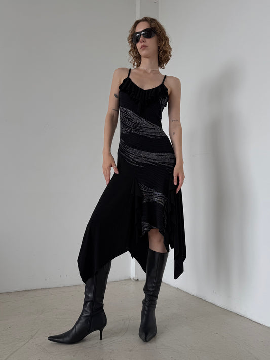 Vintage Black Asymmetrical Midi Dress with Metallic Stripes – Twinkling Global