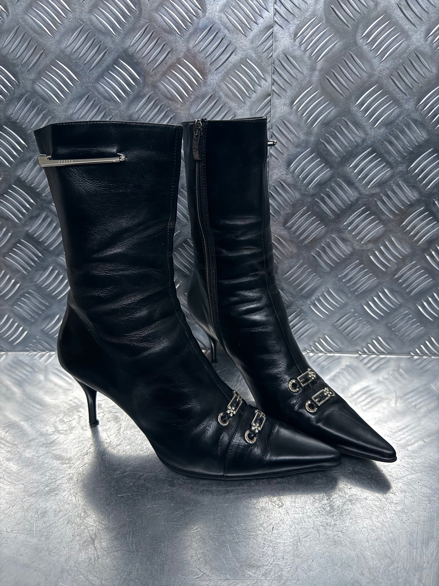 Vintage Black Leather Boots with Crystal Buckles TWINKLING GLOBAL