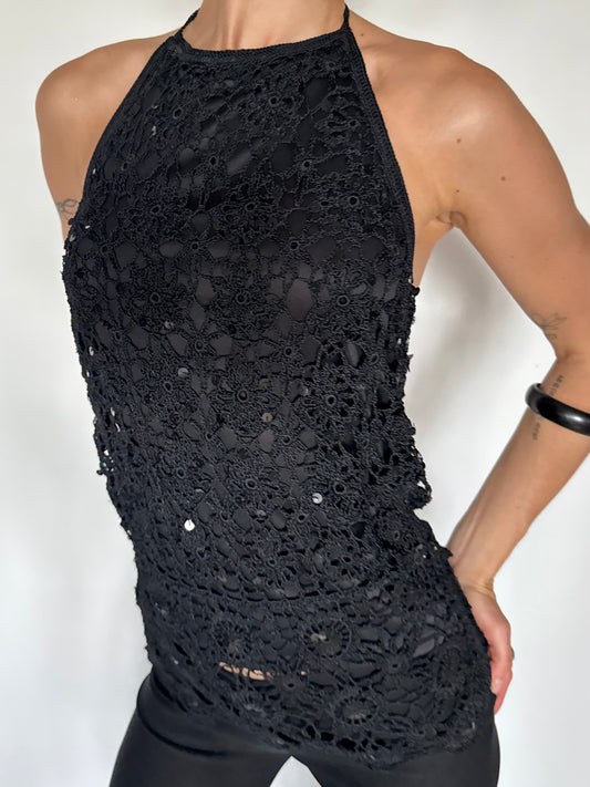 Vintage Black Crochet Halter Top – Twinkling Global