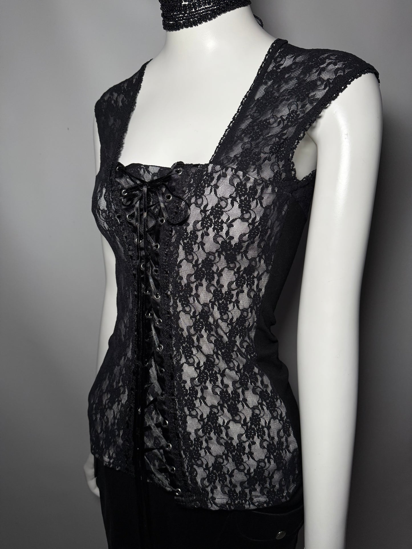 Gothic Black Lace Corset-Style Top with Front Lacing Twinkling
