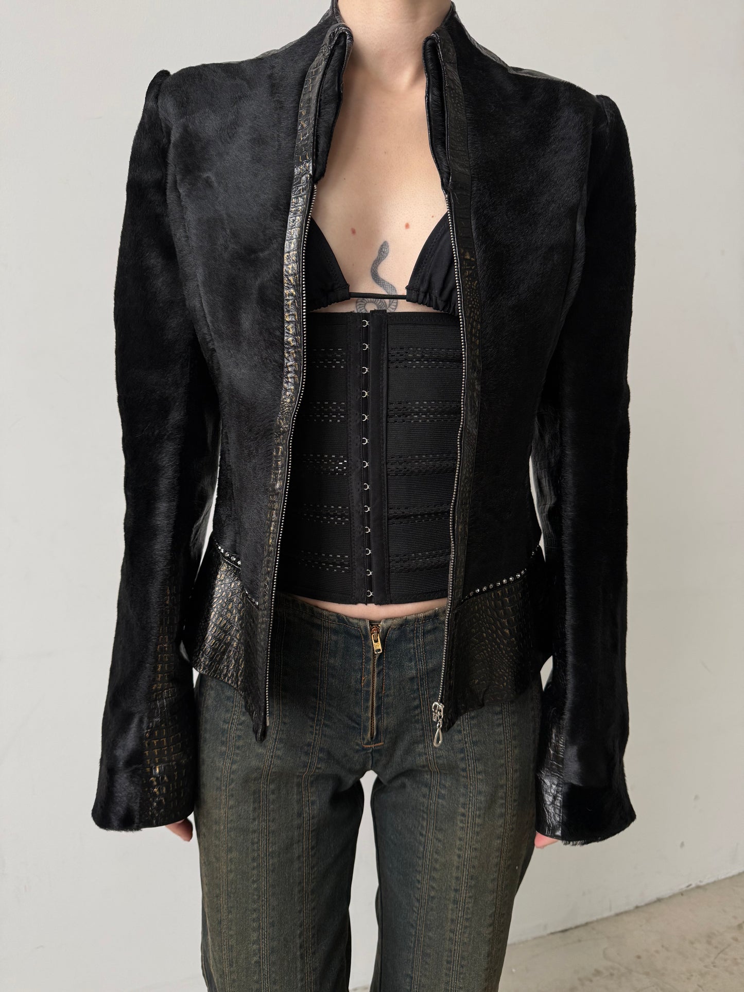 Vintage fitted leather jacket with pony fur TWINKLING GLOBAL