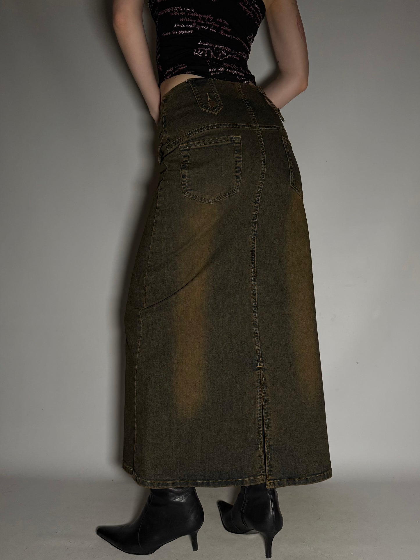 Rust-Toned Stretch Denim Maxi Skirt  Twinkling