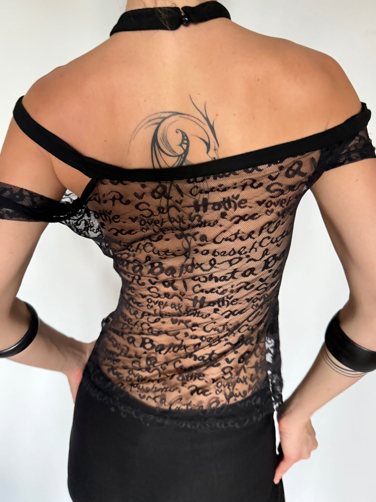 Vintage Black Sheer Mesh Top with Script Print – Twinkling Global