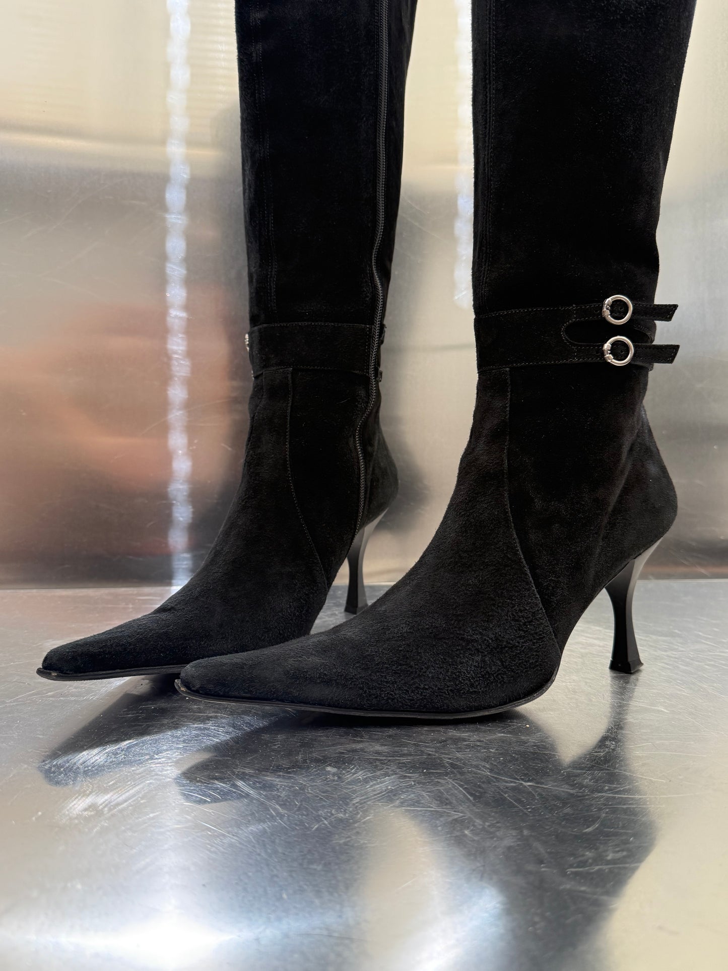 Vintage Black Suede Leather High Boots Made in Italy Twinkling Global