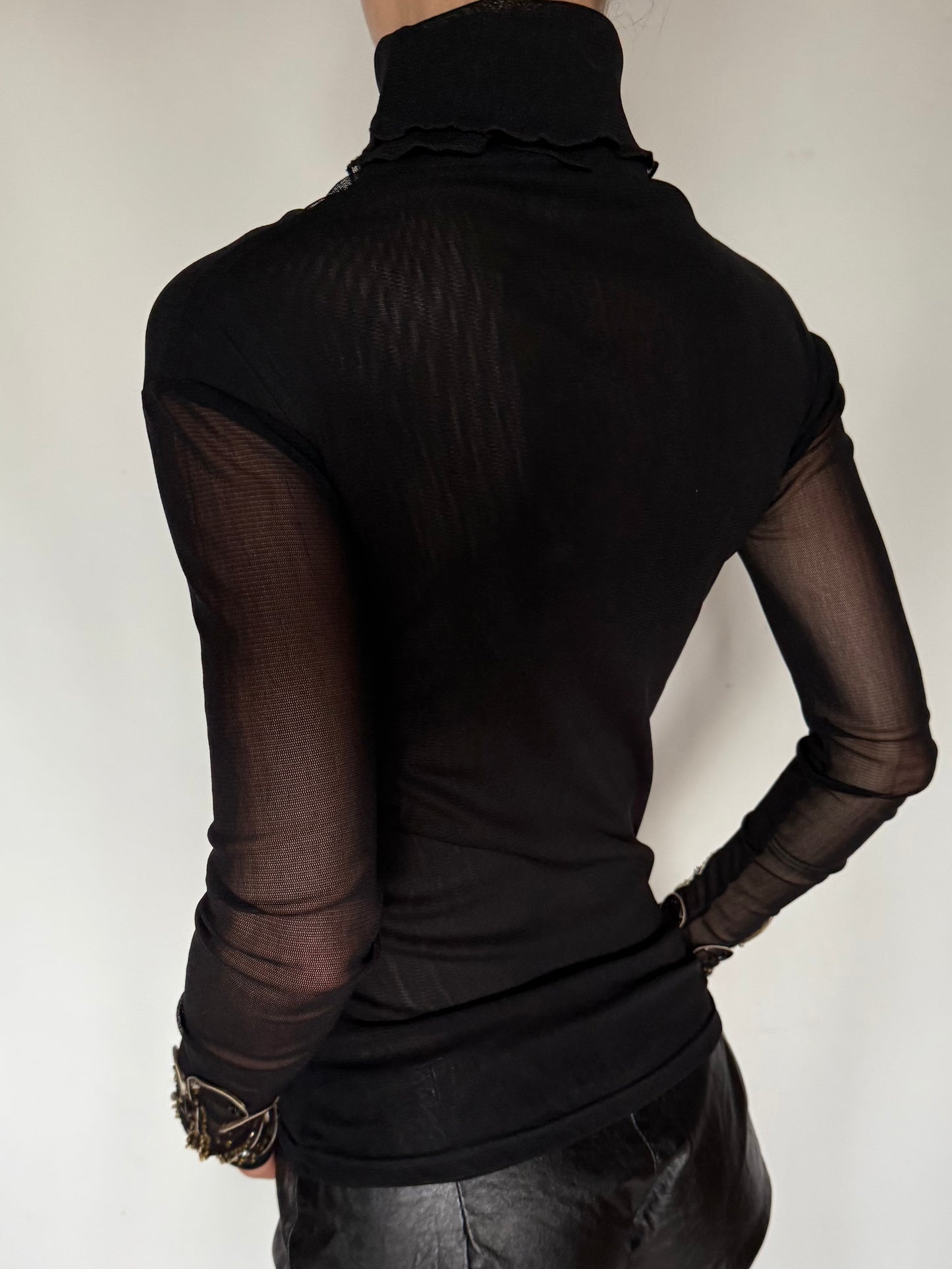 Vintage Embellished Sheer Turtleneck Blouse Black Twinkling Global