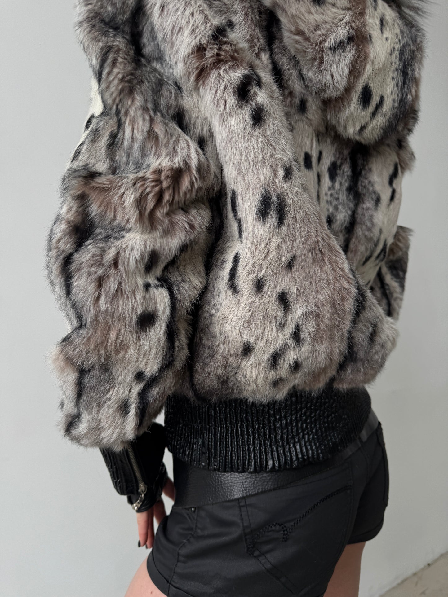 Vintage genuine leather jacket with natural rabbit fur and hood TWINKLING GLOBAL