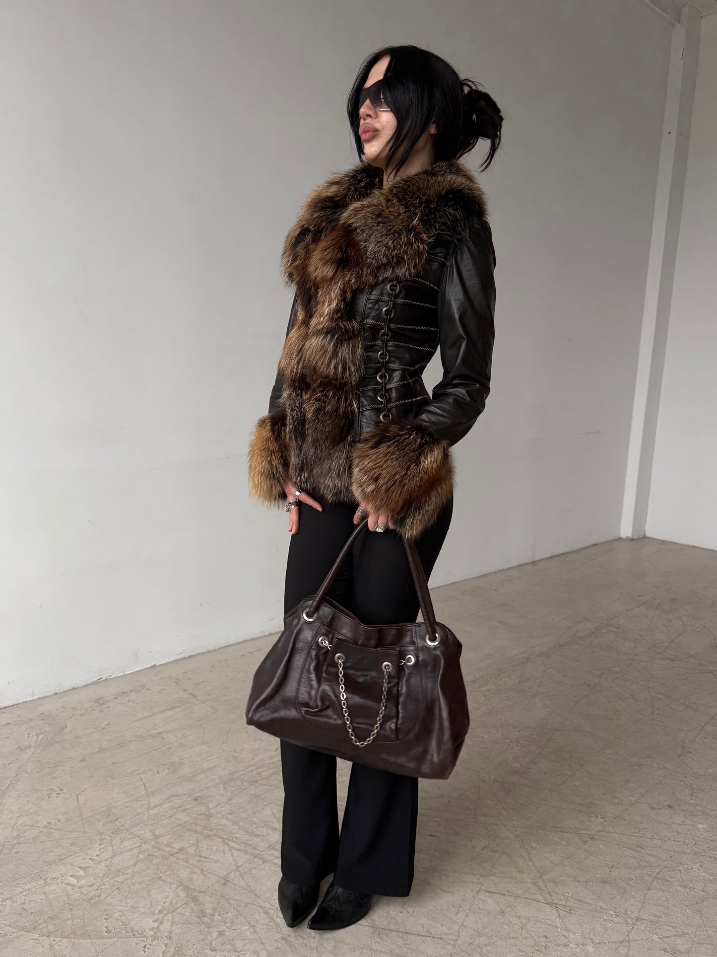 Vintage Leather Jacket with Natural Fur TWINKLING GLOBAL