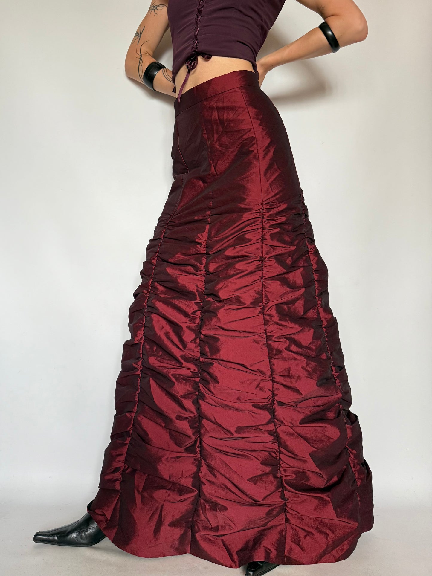 Vintage Burgundy Ruched Maxi Skirt – Twinkling Global