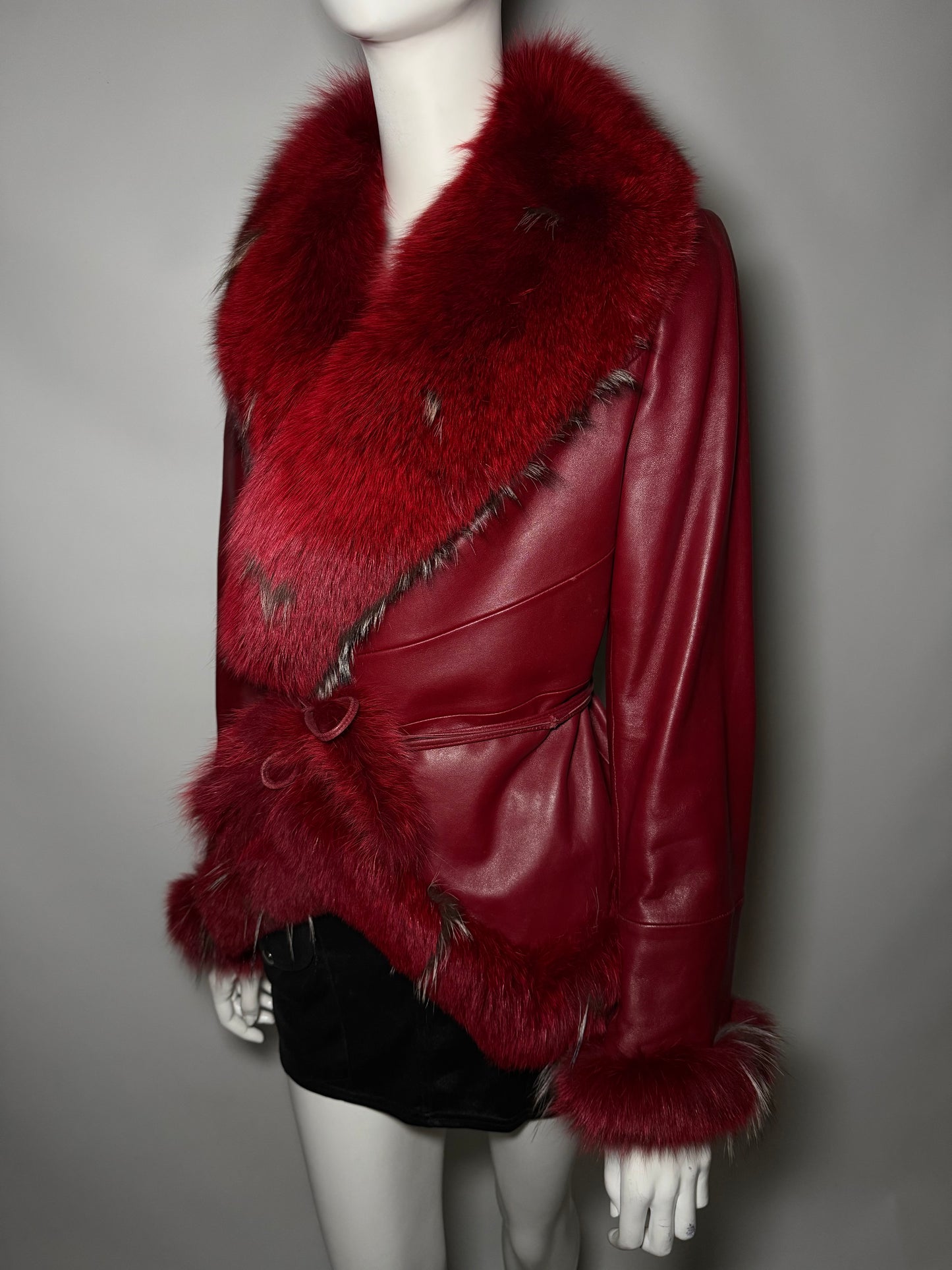 Vintage Red Leather Wrap Jacket with Real Fur TWINKLING GLOBAL