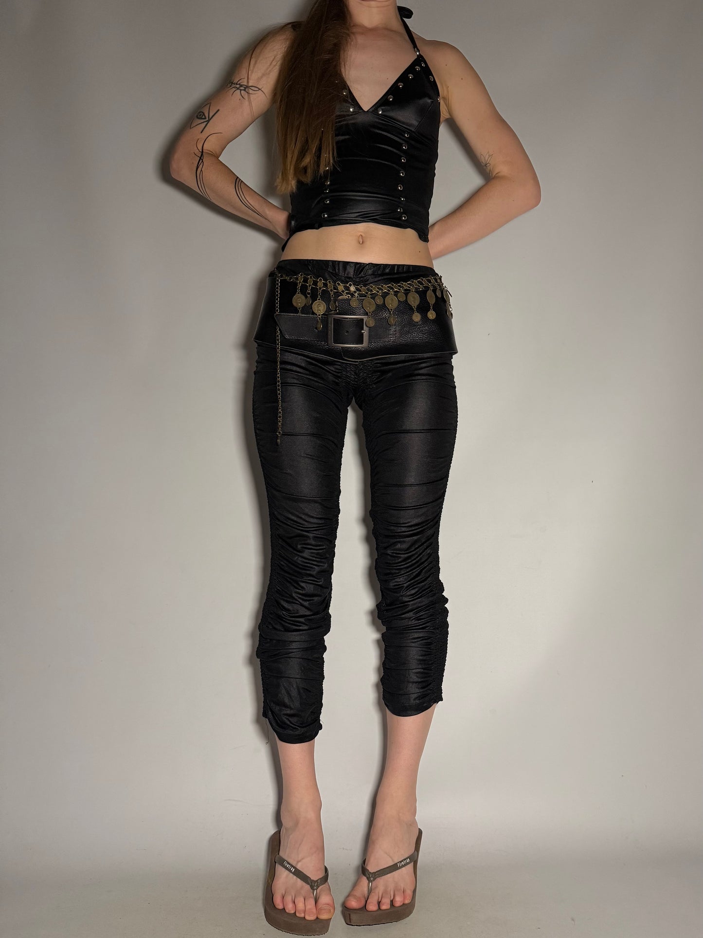 Y2K Black Ruched Capri Pants with Shiny Stretch Fabric Twinkling