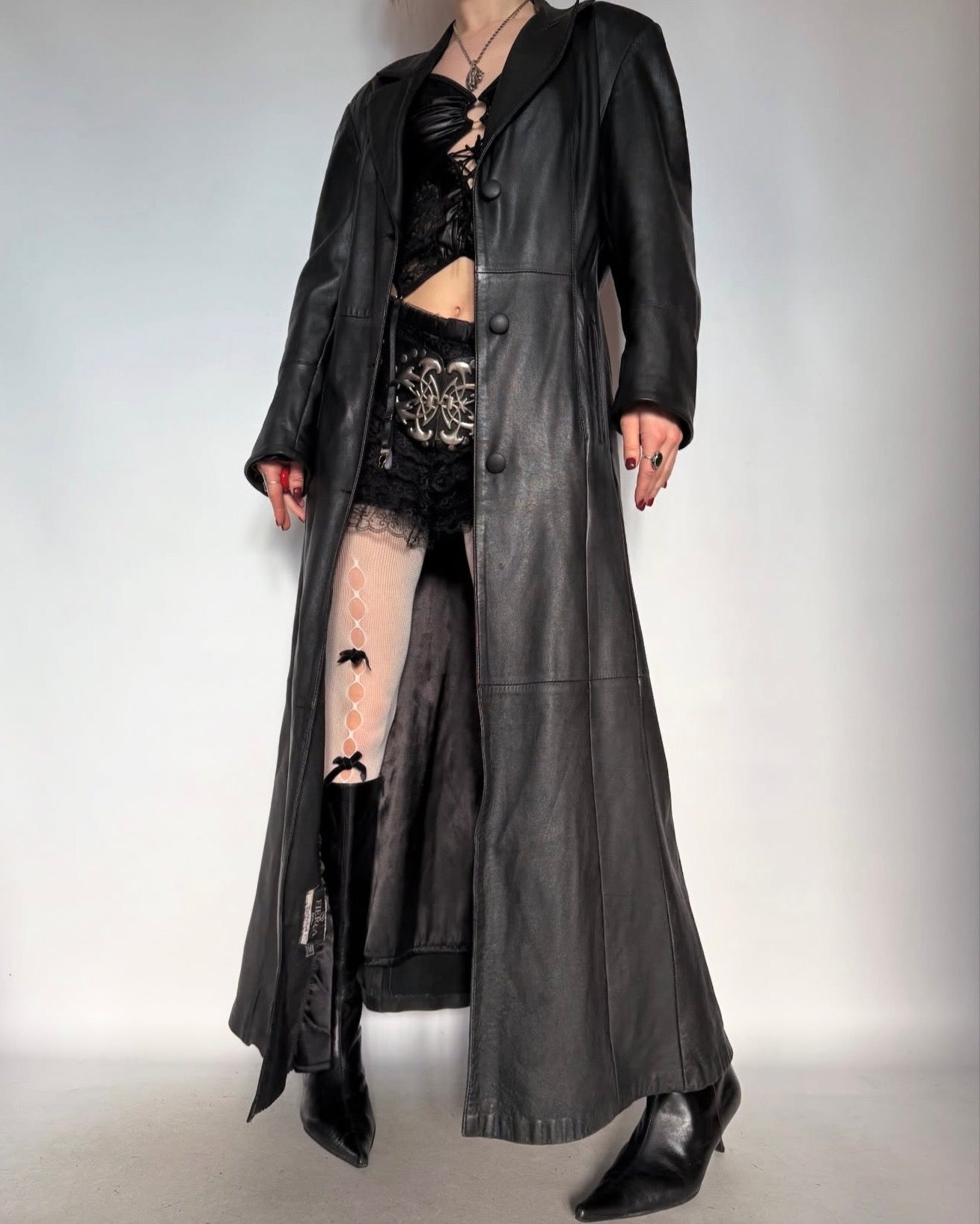 Vintage leather long coat with removable fur collar Twinkling Global