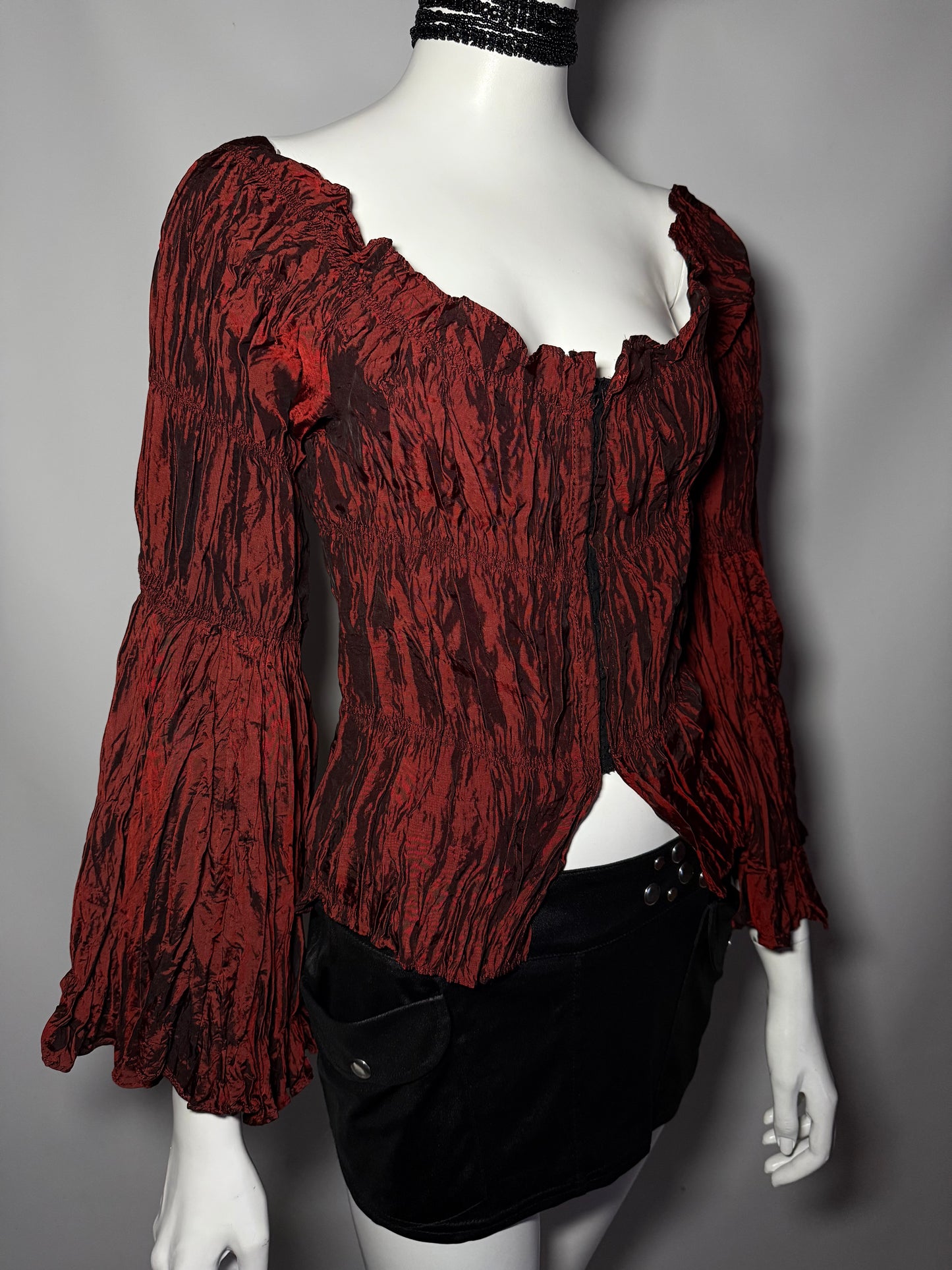 Gothic Black Crinkled Two-Piece Set with Red Spiral Appliqués TWINKLING