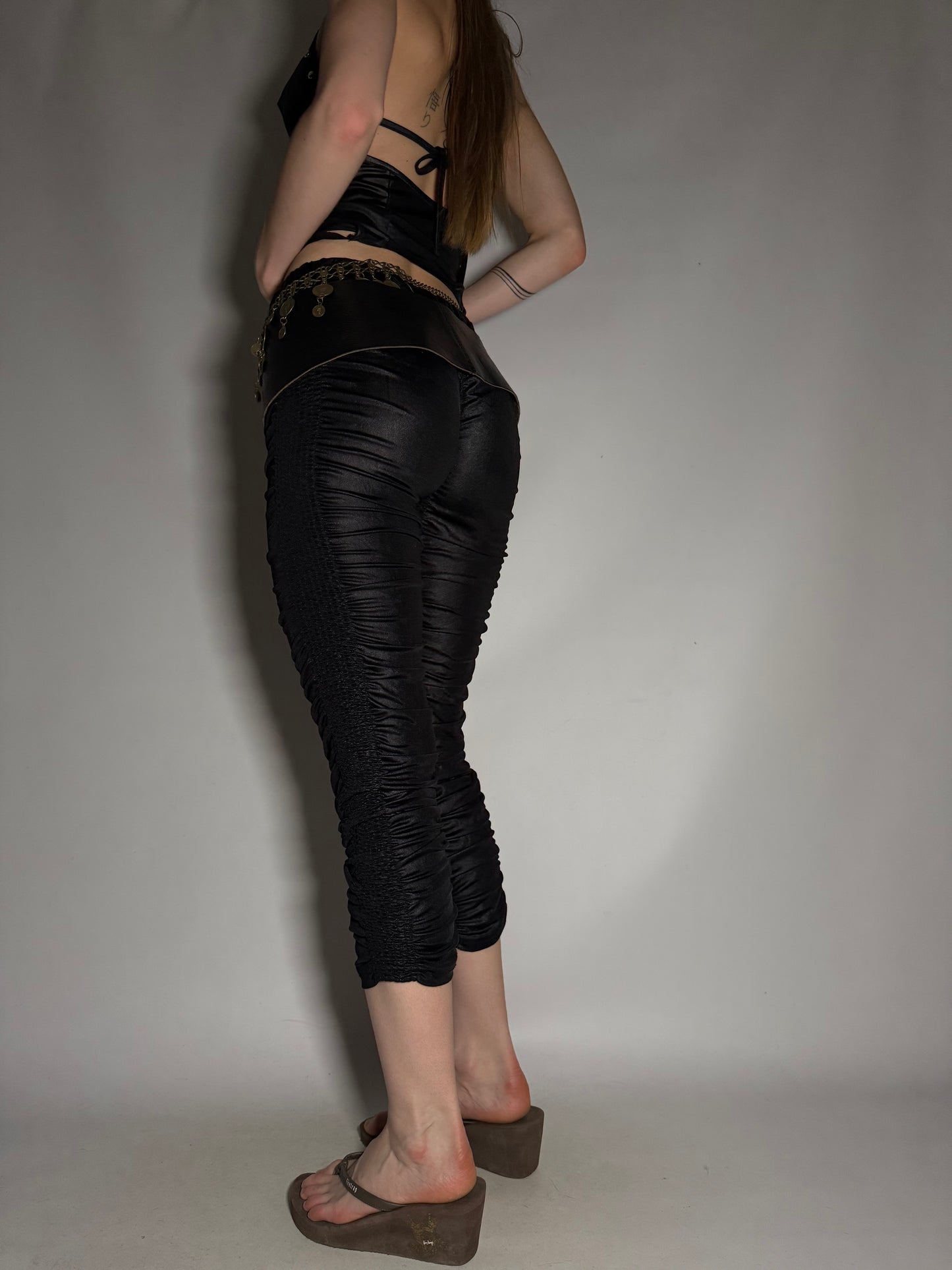 Y2K Black Ruched Capri Pants with Shiny Stretch Fabric Twinkling