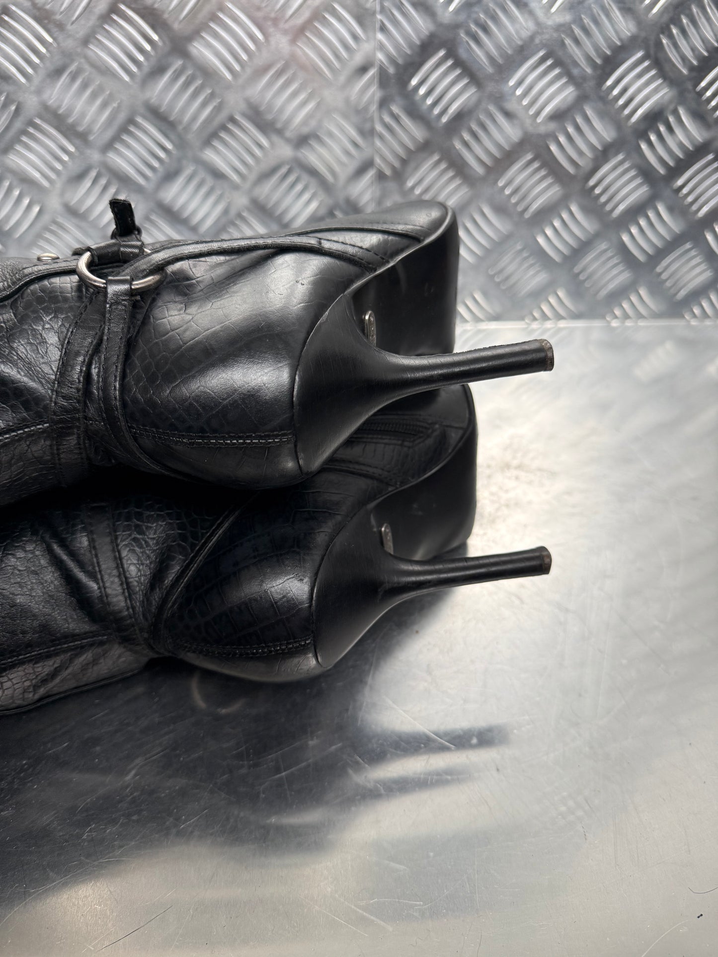 Vintage Black Croc-Effect Leather Knee-High Boots FAITH TWINKLING GLOBAL