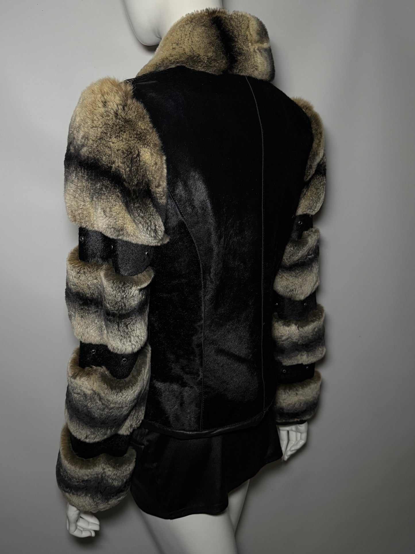 Vintage leather jacket with real chinchilla and pony fur panels