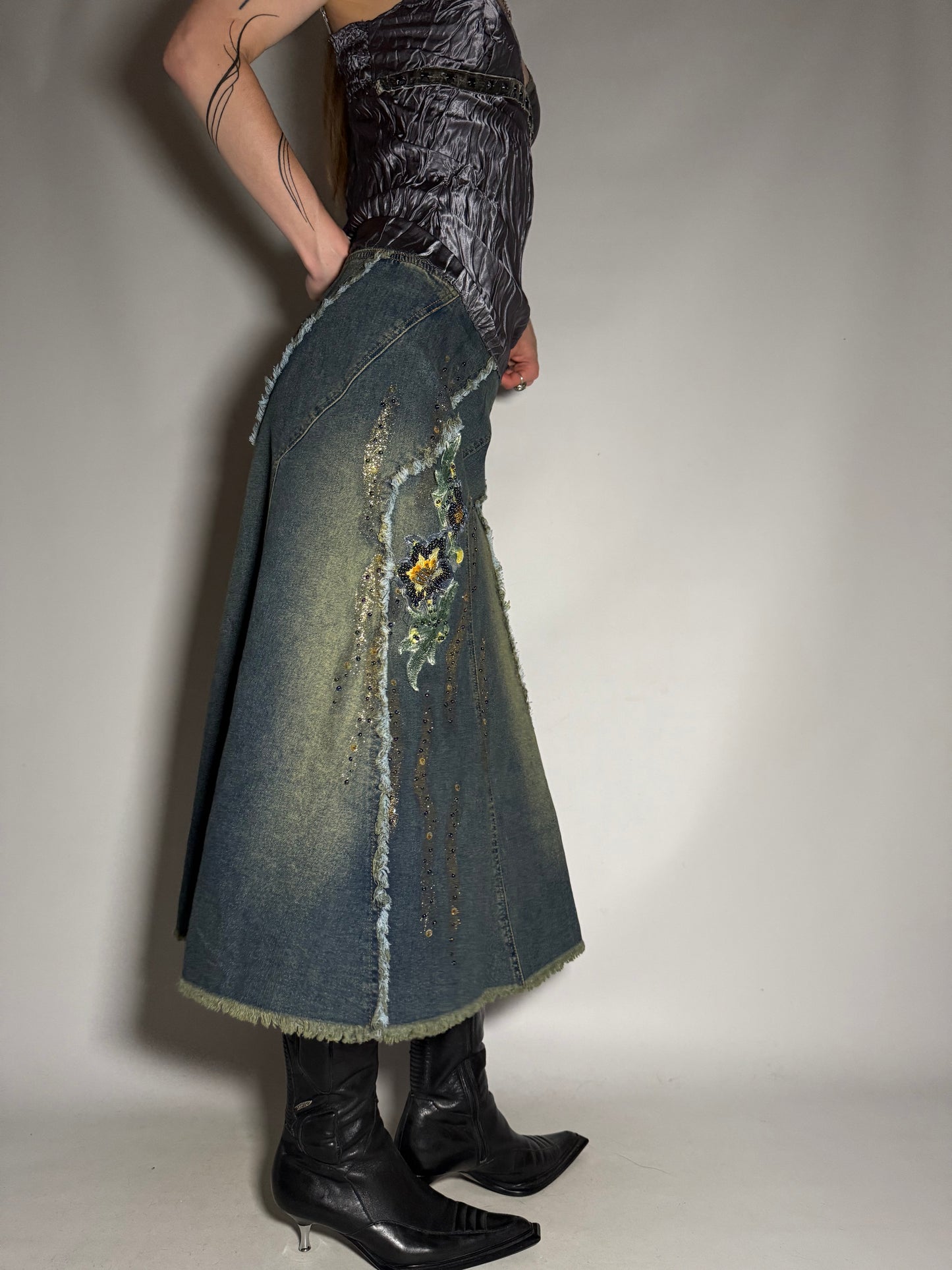 Y2K Distressed Denim Maxi Skirt with Sequin Floral Appliqué TWINKLING