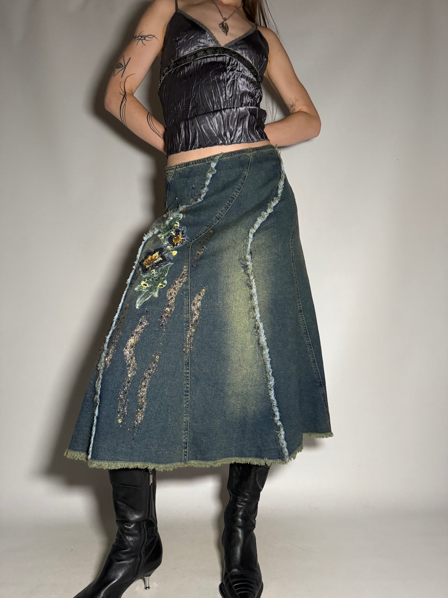 Y2K Distressed Denim Maxi Skirt with Sequin Floral Appliqué TWINKLING