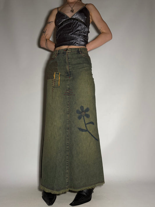 Vintage Maxi Denim Skirt with Flower Print and Contrast Stitching TWINKLING