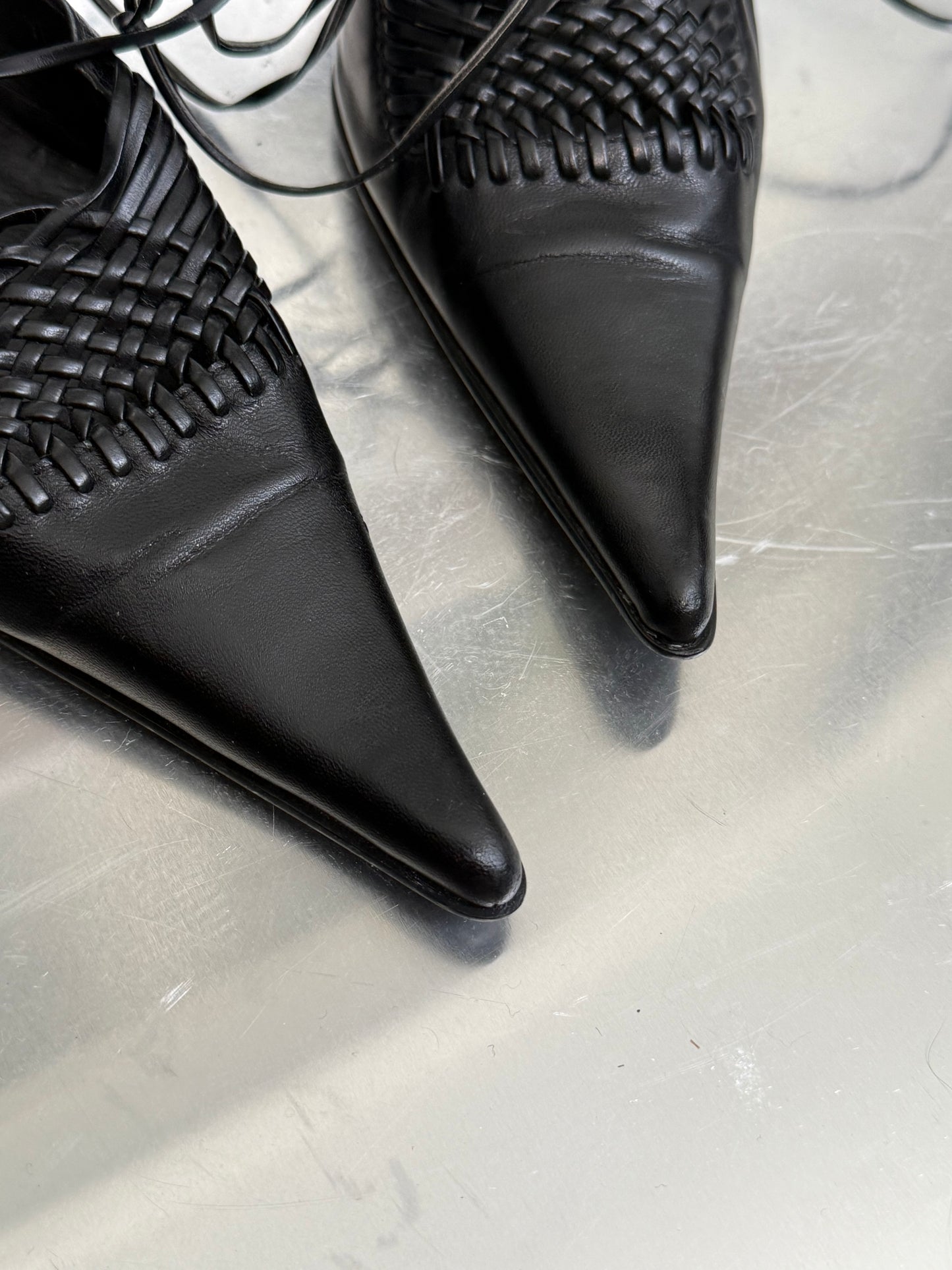 Vintage Black Leather Heels with Lace-Up Straps  Twinkling